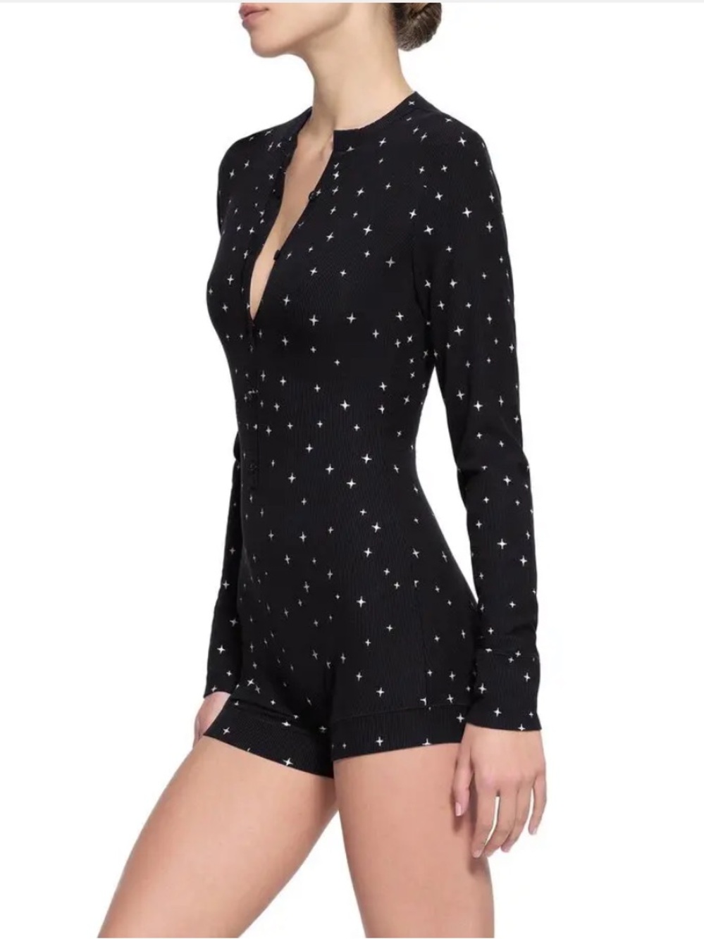 SKIMS Soft Lounge Button Up Henley Onesie in Onyx Sparkle Size Medium Black